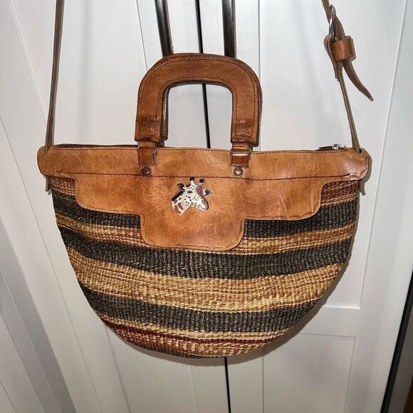 Vintage African Sisal Market Woven Bag Leather Handles & Strap Painted Giraffe - Picture 11 of 11